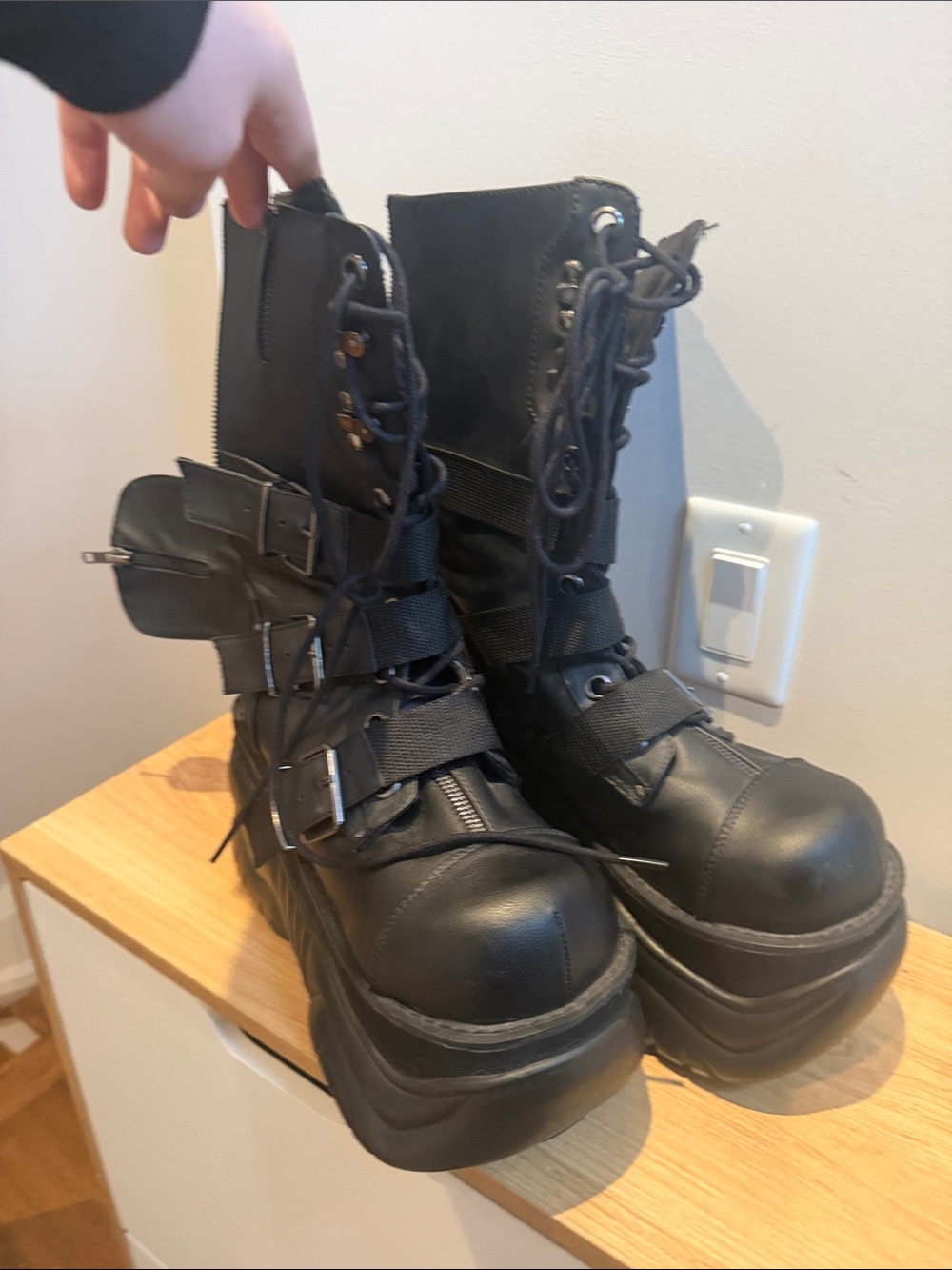 Demonia Black Platform Moto Combat Boots with Buckle Straps